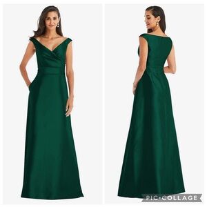 Alfred Sung D811S Off The Shoulder Draped Maxi Dress Hunter Green‎ 10